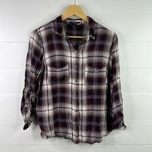 FOREVER 21 Maroon White Oversized Plaid 3/4 Sleeve Button Up Shirt Size Small‎